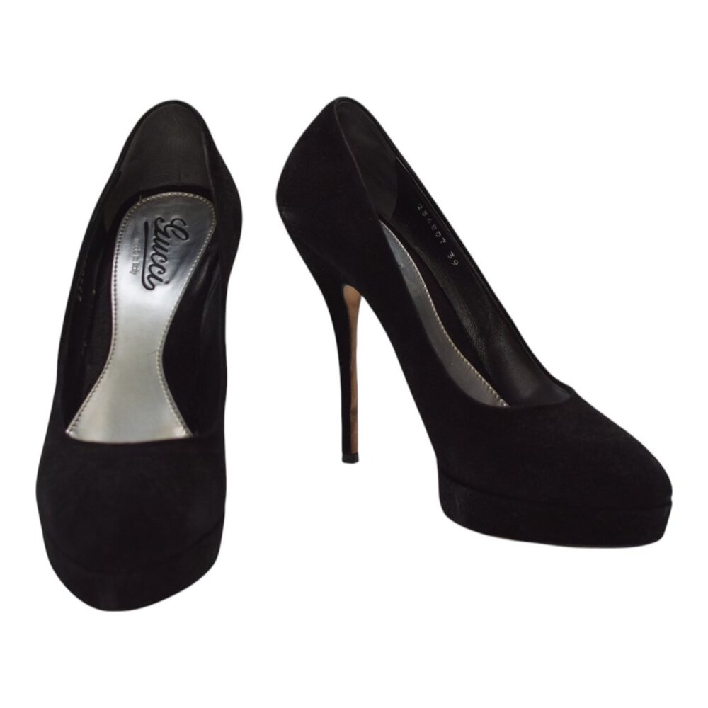 Gucci Black Suede Leather Almond Toe Classic Heel Platform Pumps size 39 US 9